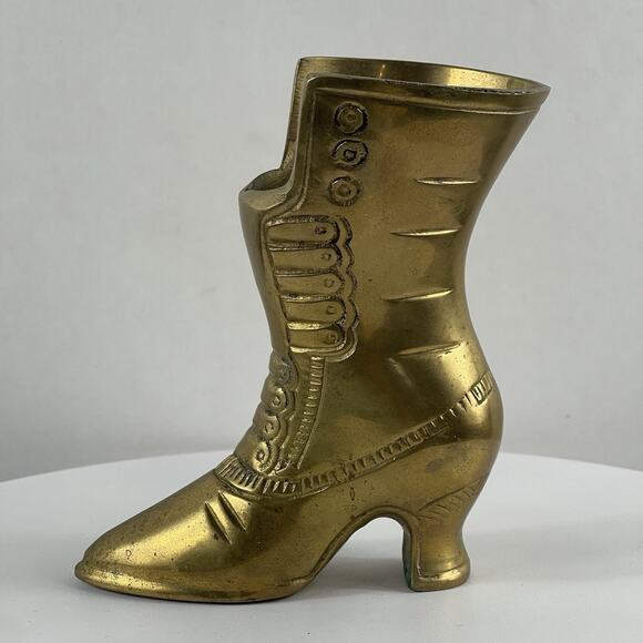 Vtg Brass Ladys Victorian Lace Up Boot Shoe Vase Home Decor 5” - Picture 5 of 9